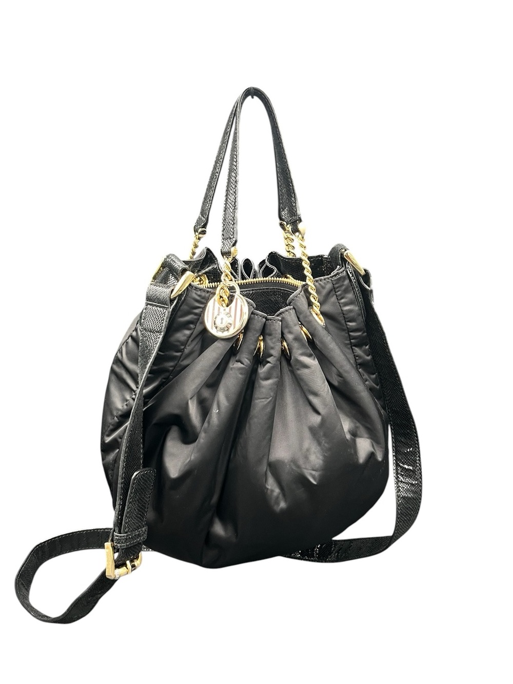 Henri Bendel Black Nylon Bucket Bag w/ Crossbody Strap and Gold-tone Hardware